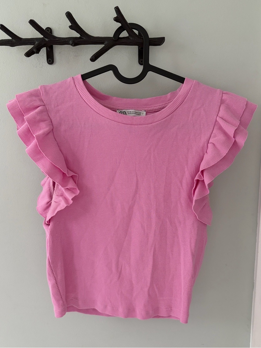 ZARA Pink Ruffle Sleeve Ribbed Tank Top cropped Medium